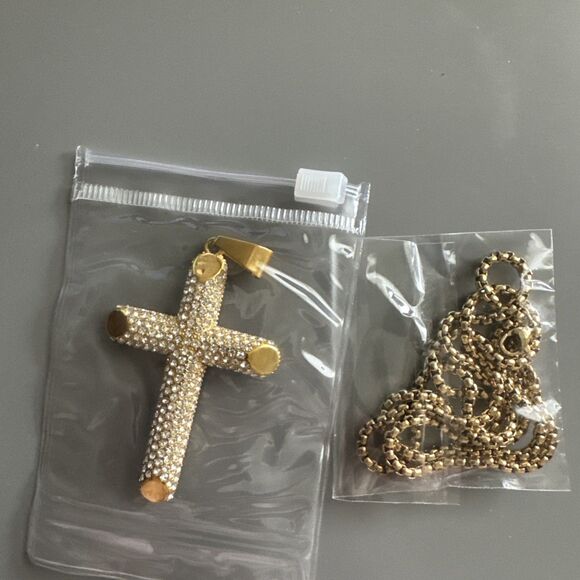 Cross Pendant Stainless Steel Cubic Zirconia 24” Chain Necklace Hip Hop Gold Men - Picture 6 of 6